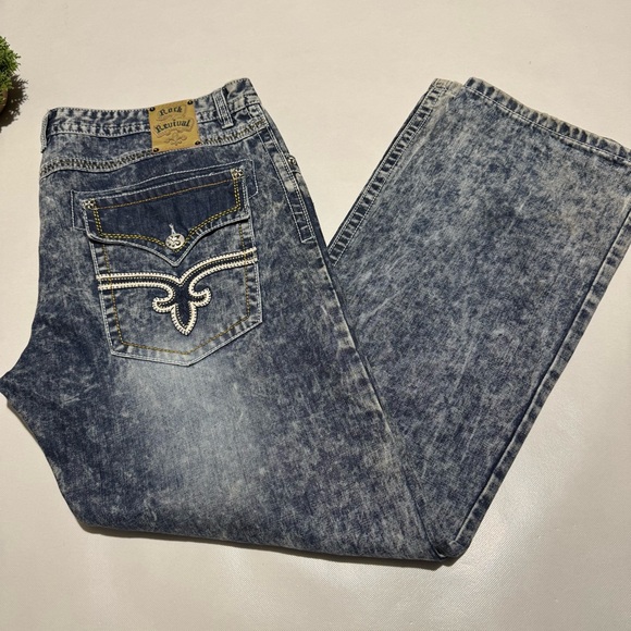 Rock Revival Tate Straight Acid Wash Distressed Jeans‎ Mens Size 42